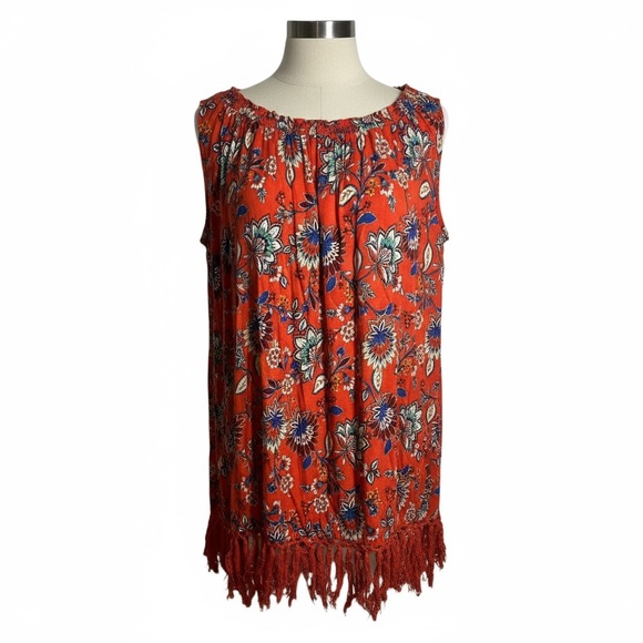 24/7 Denim Orange Tropical Print Dress with Tassel Trim – Size 22 - Picture 1 of 7